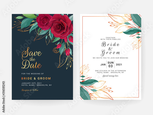 Set of cards with floral border. Navy blue wedding invitation template design of red rose flowers and gold leaves. Botanic illustration decoration for save the date, event, cover, poster vector