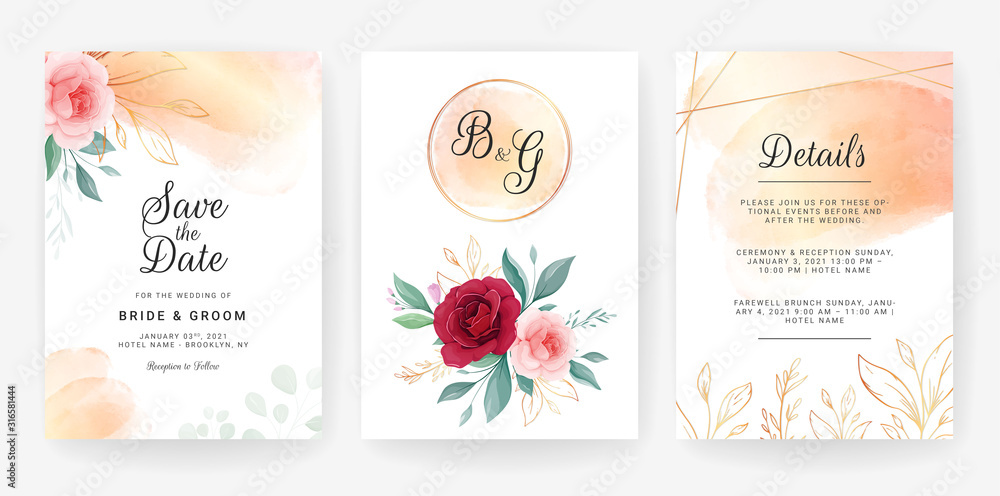 Set of artistic card vector. Wedding invitation template design of elegant rose flowers and outlined gold leaves with watercolor background. Floral illustration save the date, event, cover, poster Set of artistic card vector. Wedding invitation template design of elegant rose flowers and outlined gold leaves with watercolor background. Floral illustration save the date, event, cover, poster