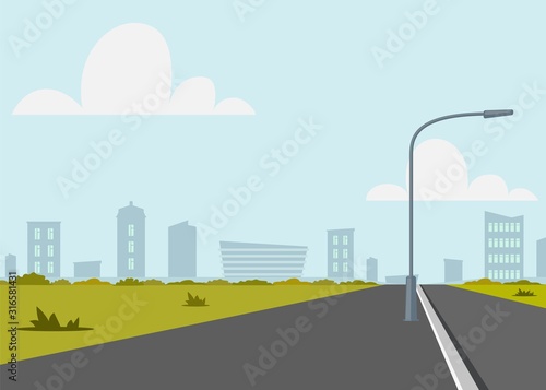Road empty city street. Empty street or alley in a city park. Street on a Sunny summer day. Flat Vector Illustration.