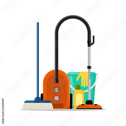 Spring cleaning concept. Bucket, brush, rubber gloves, hoover. Vector illustration, flat style.