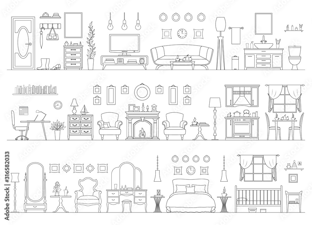 A set of interiors in an outline style. Vector panorama of various rooms and furniture isolated on white background. Flat linear illustration. Horizontal banner.