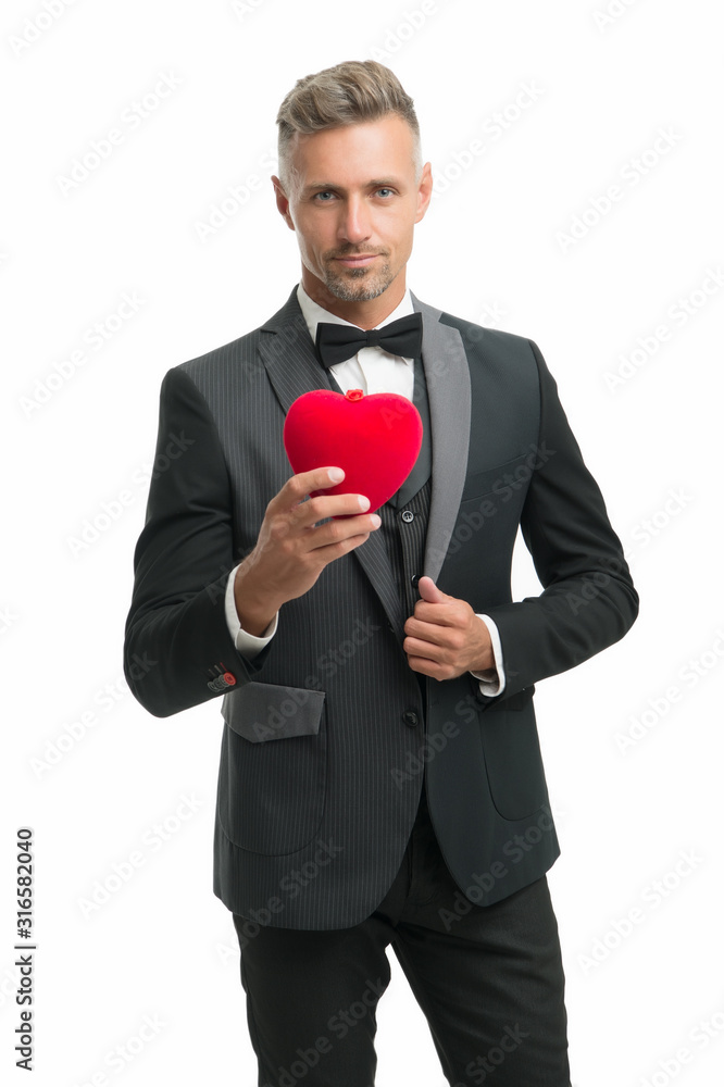 ready for romantic date. special occasion evening. elegant confident man isolated on white. businessman formal outfit. love symbol on valentines day. tuxedo man red valentines heart ready for romantic date. special occasion evening. elegant confident man isolated on white. businessman formal outfit. love symbol on valentines day. tuxedo man red valentines heart