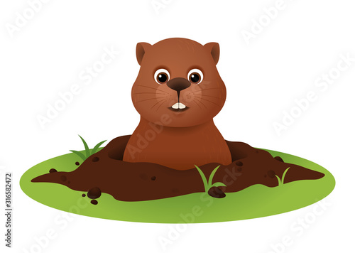 Groundhog Day Vector with Cute Marmot Character in Hole isolated on white