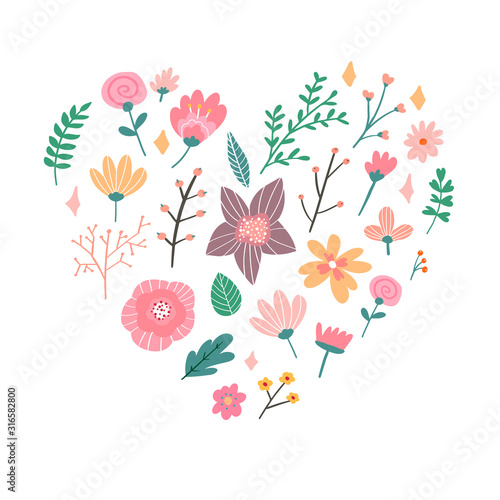 Floral bouquet of hand drawn fantasy folk flowers. Botanical illustration in flat cartoon style. Great as banner, print and card. Vector