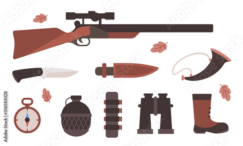 Vector illustration of set of different hunting equipment for forest wild hunting animal on white background.
