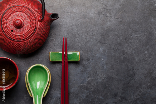 Japanese tea, soup spoon and chopsticks