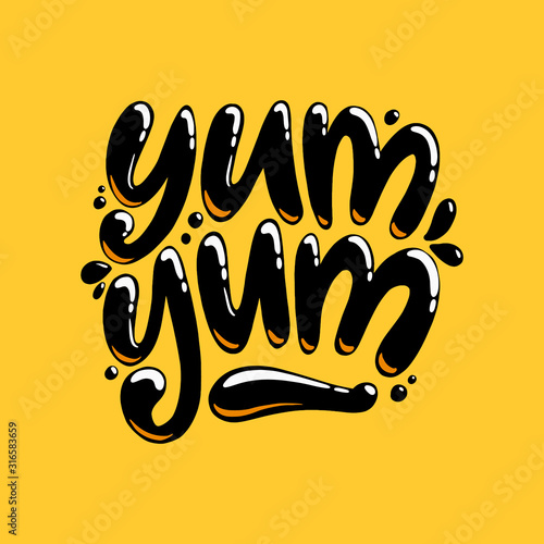 Yum-yum inscription for stickers, advertising posters, menus and food industry. Symbol of delicious food