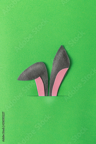 Sticker abstract image of easter bunny ears sticking their burrows on a green background