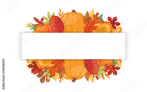 Autumn welcome banner with autumnal pumpkin, fallen leaves for thanksgiving day cartoon vector illustration. Fall season harvest pumpkin vegetable, orange maple foliage, acorn branches poster.