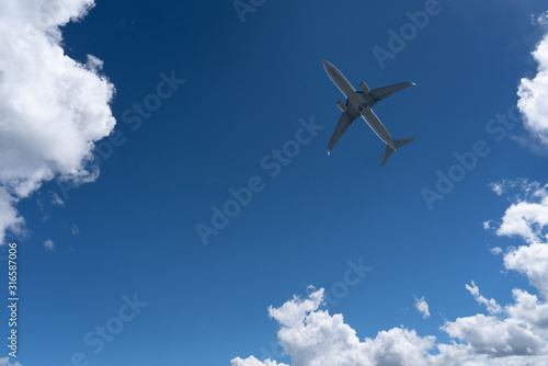 Bottom View of the Airplane in the sky with blank copy space for travel concept
