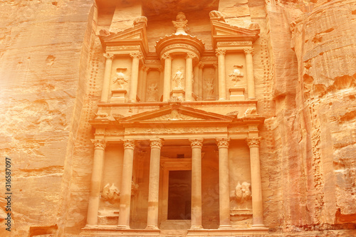 Al-Khazneh or The Treasury, Petra in Jordan, is an archaeological site and one of most popular tourist attractions carved out of a sandstone rock, Heritage Site and one of 7 wonders of modern world.