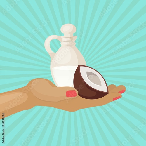 Coconut half and jug of coconut oil on hand vector cartoon illustration. Bottle with coconut oil, healthy organic diet food for fast loosing weight poster.