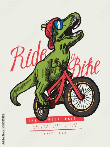 T-Rex dinosaur riding bicycle in cap and sunglasses and smiling - funny kids sports vector illustration