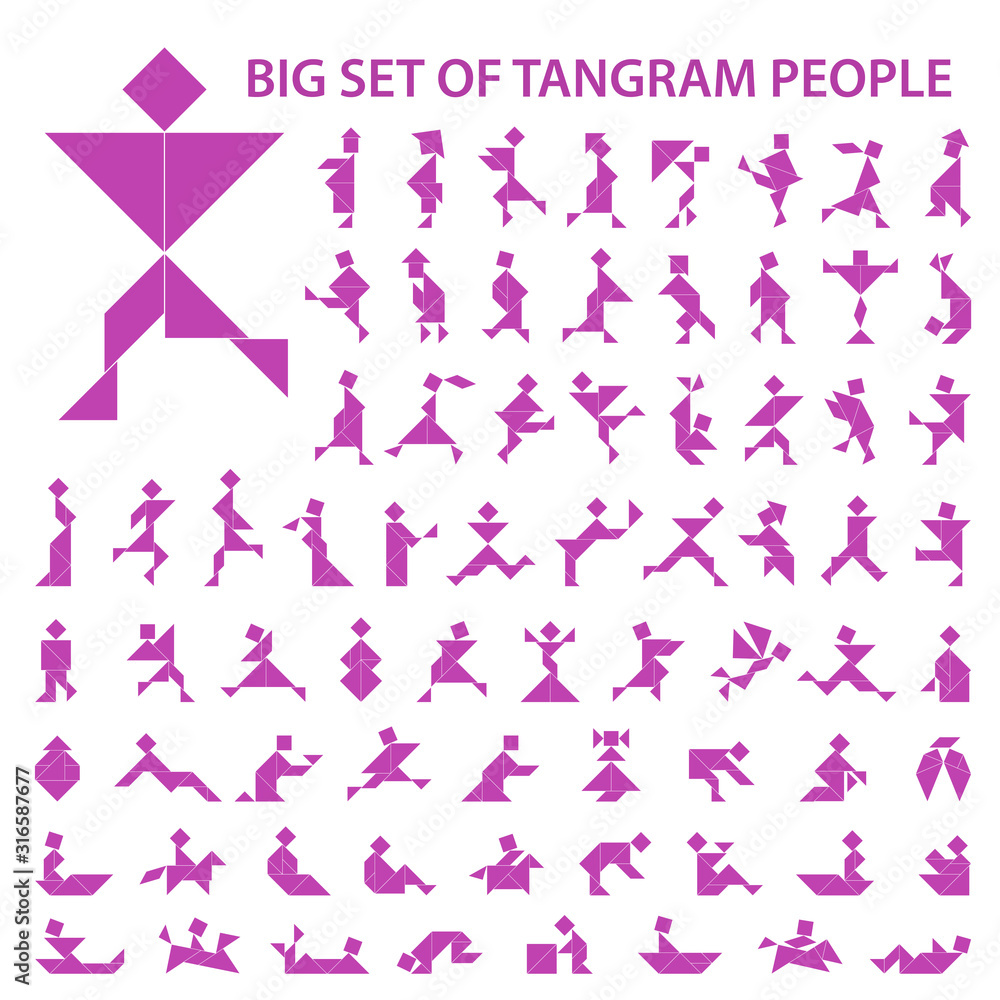 Set of vector tangram puzzles (geometric puzzle) for the development of logical thinking of children and adults. Collection of 72 monochrome people silhouettes. Vector illustration