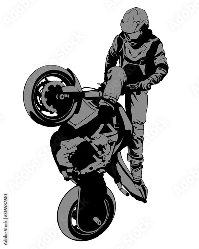 Young man on sports bike performs tricks. Isolated silhouette on a white background