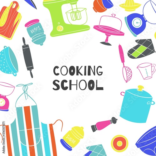 Cooking school poster with kitchenware, cooker and pots on kitchen,board, chef cook apron vector illustration. Best children cooks school background.
