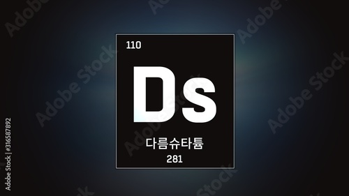 3D illustration of Darmstadtium as Element 110 of the Periodic Table. Grey illuminated atom design background with orbiting electrons name atomic weight element number in Korean language