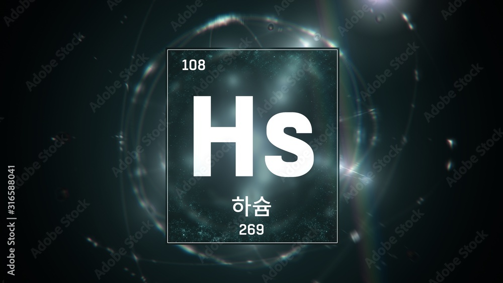 3D illustration of Hassium as Element 108 of the Periodic Table. Green illuminated atom design background with orbiting electrons name atomic weight element number in Korean language 3D illustration of Hassium as Element 108 of the Periodic Table. Green illuminated atom design background with orbiting electrons name atomic weight element number in Korean language