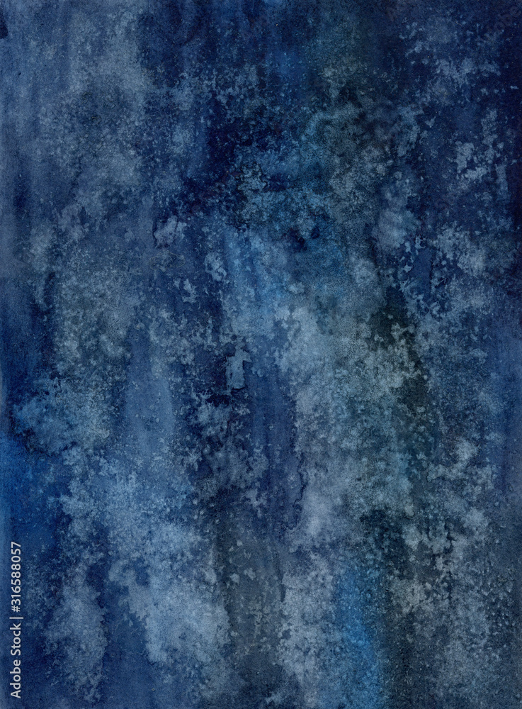 Fototapeta premium Abstract hand painted watercolor background. Dark blue sky painting. Night star texture.