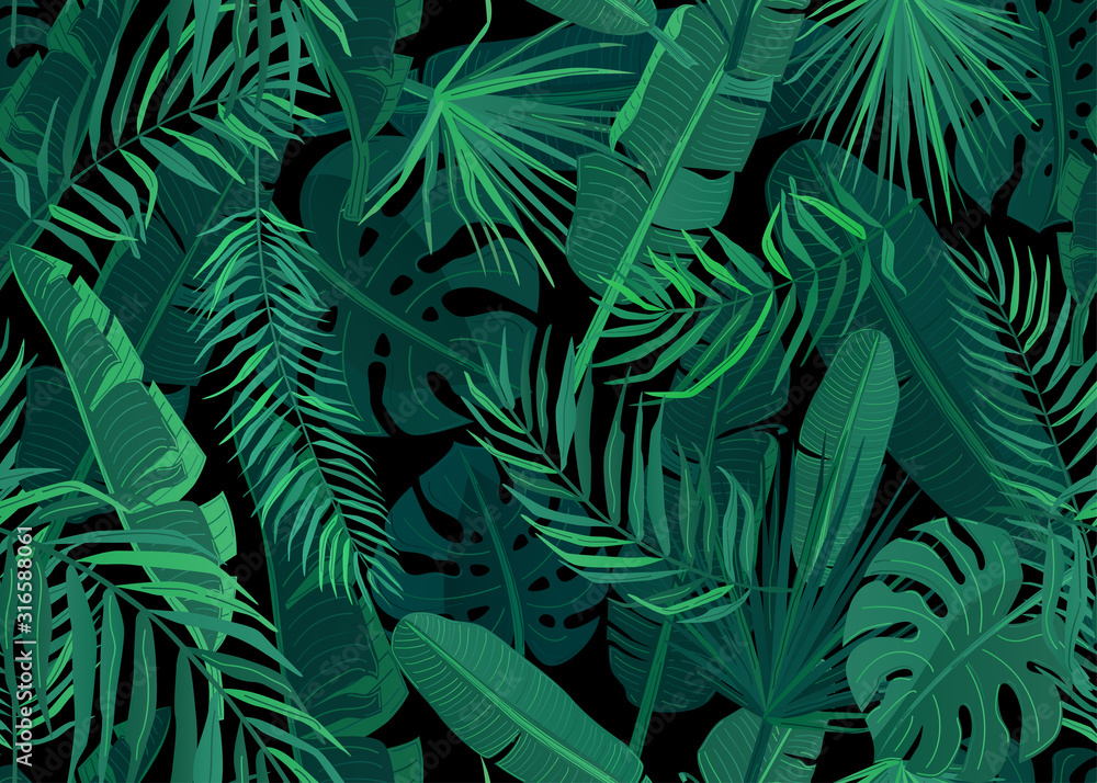 Tropic seamless pattern vector illustration. Tropical floral endless background with exotic palm, banana, monstera leaves on dark black backdrop