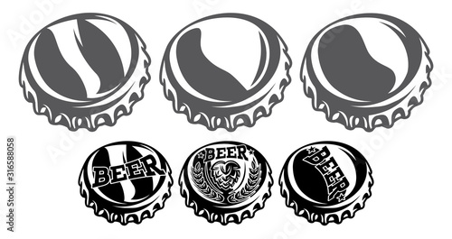 Vector set of rumpled bottle caps in retro style