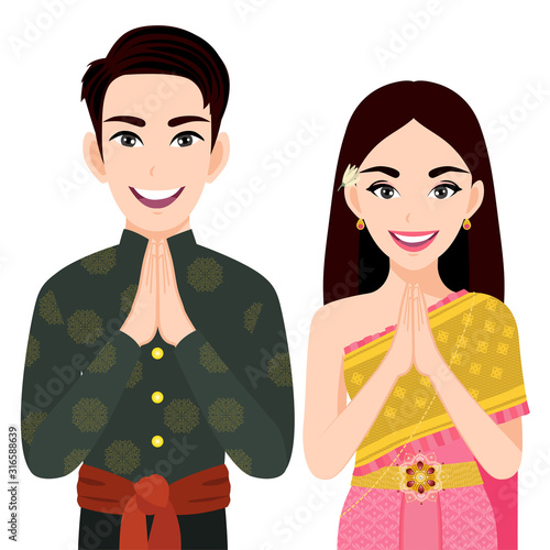 Thailand male and female in traditional costume, Thai people greeting "Sawasdee" and thai flag on white background cartoon character vector