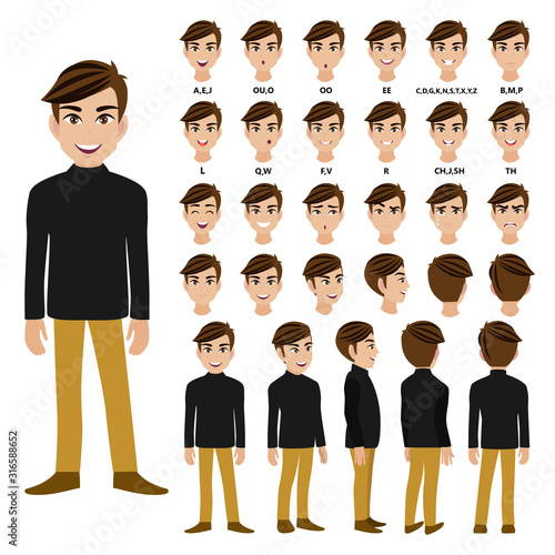 Cartoon character with male in long-sleeved turtleneck t-shirt for animation. Front, side, back, 3-4 view character. Flat vector illustration.