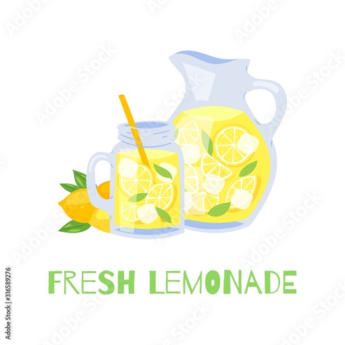 Refreshing lemonade glass jar with straw and pitcher with lemons and ice cubes vector illustration. Fresh lemonade isolated on white background and typography.