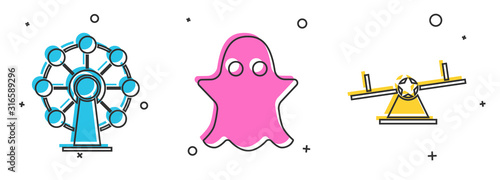 Set Ferris wheel, Ghost and Seesaw icon. Vector