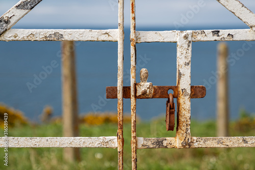 A rusty padlock on a closed gate, with blurry pasture and coast in the background