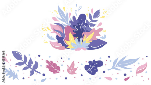 Set of abstract spring leaves on white background, hand drawn design elements. Simple cartoon flat style. Vector flat illustration 