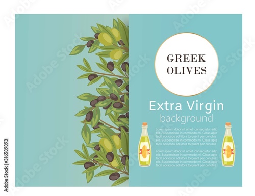 Greek olive oil bottles with black and green olives poster vector illustration. Greek extra virgin oil glass jars for healthy organic and vegeterian food store poster.