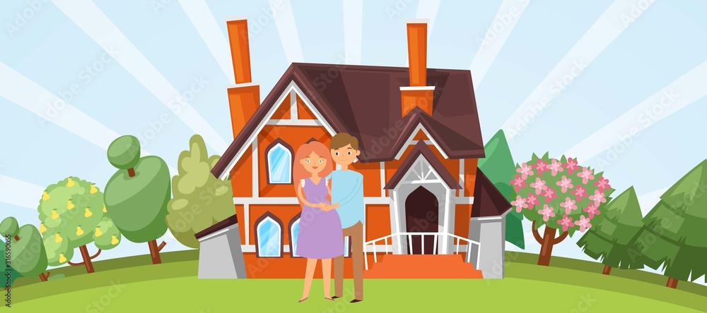 Happy couple with pregnant wife and her husband together on their cottage and green garden background vector illustration. Caucasian young family and country house.