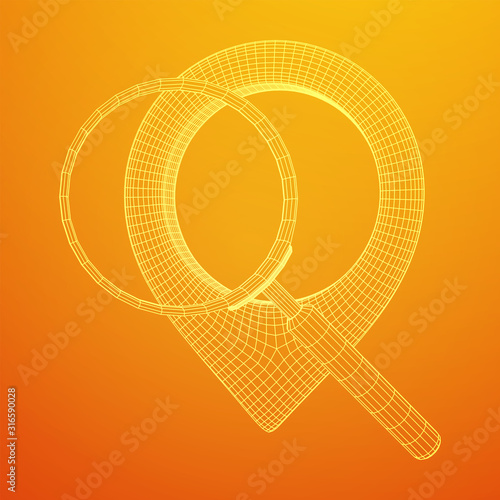 Location pin geo mark icon for travel with magnifying glass. Search path navigator concept. Wireframe low poly mesh vector illustration
