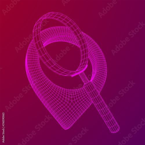 Location pin geo mark icon for travel with magnifying glass. Search path navigator concept. Wireframe low poly mesh vector illustration