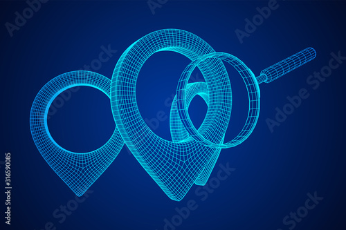 Location pin geo mark icon for travel with magnifying glass. Search path navigator concept. Wireframe low poly mesh vector illustration