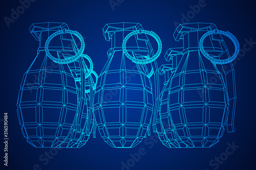 Hand bomb frag grenade wireframe low poly mesh vector illustration