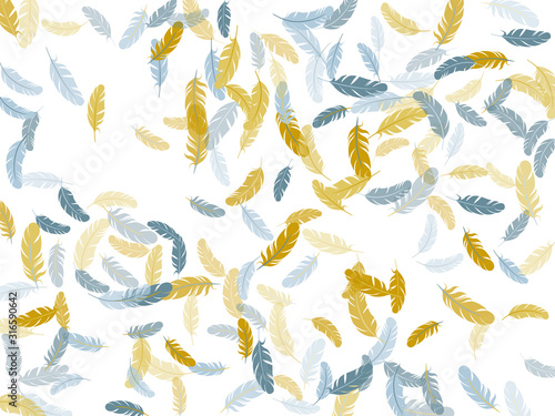 Fluffy twirled feathers on white design.