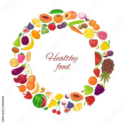 Healthy food with organic fruits and vegetables in circle isolated on white background vector illustration poster. Vegeterian fruits and veggie diet healthy food carrot, banana, oranges and lemon.