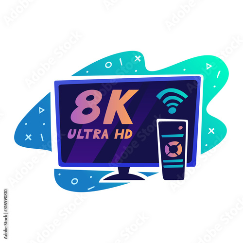Modern abstract screen tv with 8k Ultra HD video technology. LED television set on geometric background with digital tech symbol. Vector Illustration on isolated background.