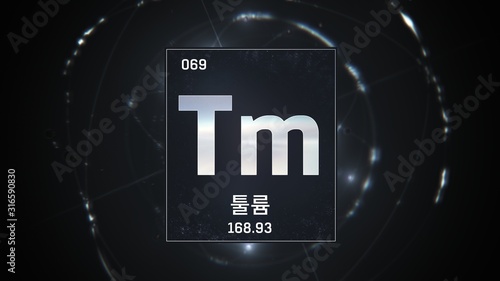 3D illustration of Thulium as Element 69 of the Periodic Table. Silver illuminated atom design background with orbiting electrons name atomic weight element number in Korean language
