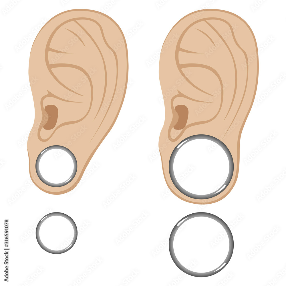 Bodymodification. Left ear of a man or woman with a piercing in the ear, tunnels in the ears. Illustration. Isolated on a white background. Bodymodification. Left ear of a man or woman with a piercing in the ear, tunnels in the ears. Illustration. Isolated on a white background.