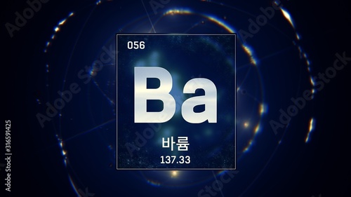 3D illustration of Barium as Element 56 of the Periodic Table. Blue illuminated atom design background orbiting electrons name, atomic weight element number in Korean language photo