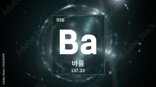 3D illustration of Barium as Element 56 of the Periodic Table. Green illuminated atom design background orbiting electrons name, atomic weight element number in Korean language photo