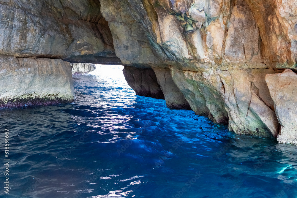 beautiful view of the rock in the sea in Malta. water of turquoise and blue