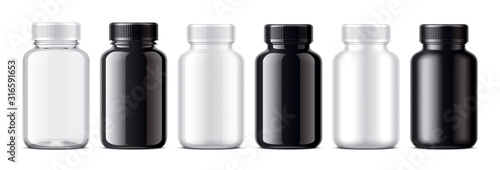 Set of Black and White plastick bottles. 
