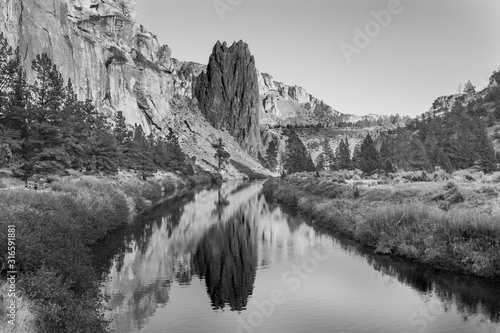 Black and white photo of Crooked River as it passes Smith Rock State Park