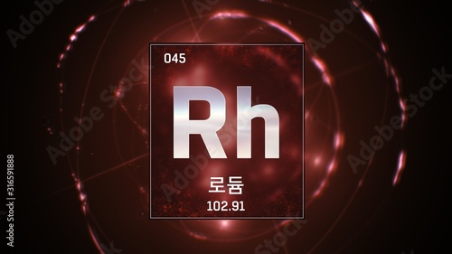 3D illustration of Rhodium as Element 45 of the Periodic Table. Red illuminated atom design background orbiting electrons name, atomic weight element number in Korean language photo