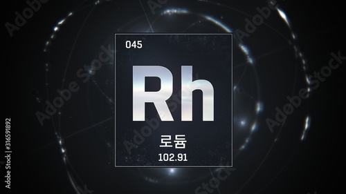 3D illustration of Rhodium as Element 45 of the Periodic Table. Silver illuminated atom design background orbiting electrons name, atomic weight element number in Korean language photo