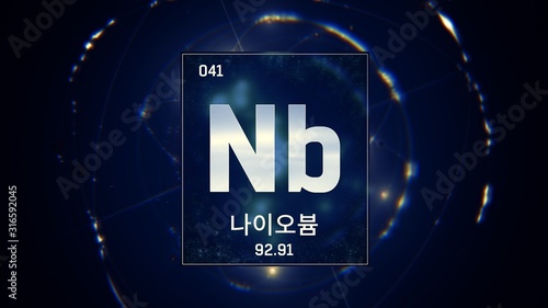 3D illustration of Niobium as Element 41 of the Periodic Table. Blue illuminated atom design background orbiting electrons name, atomic weight element number in Korean language photo